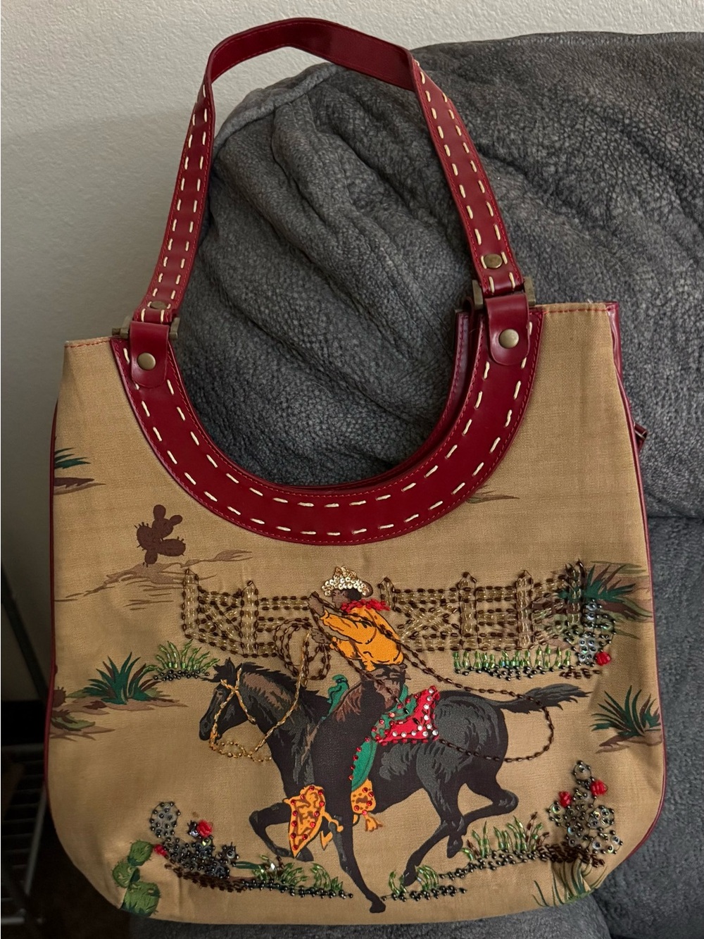 Embroidered Western Tote Shoulder Bag in Red and Tan